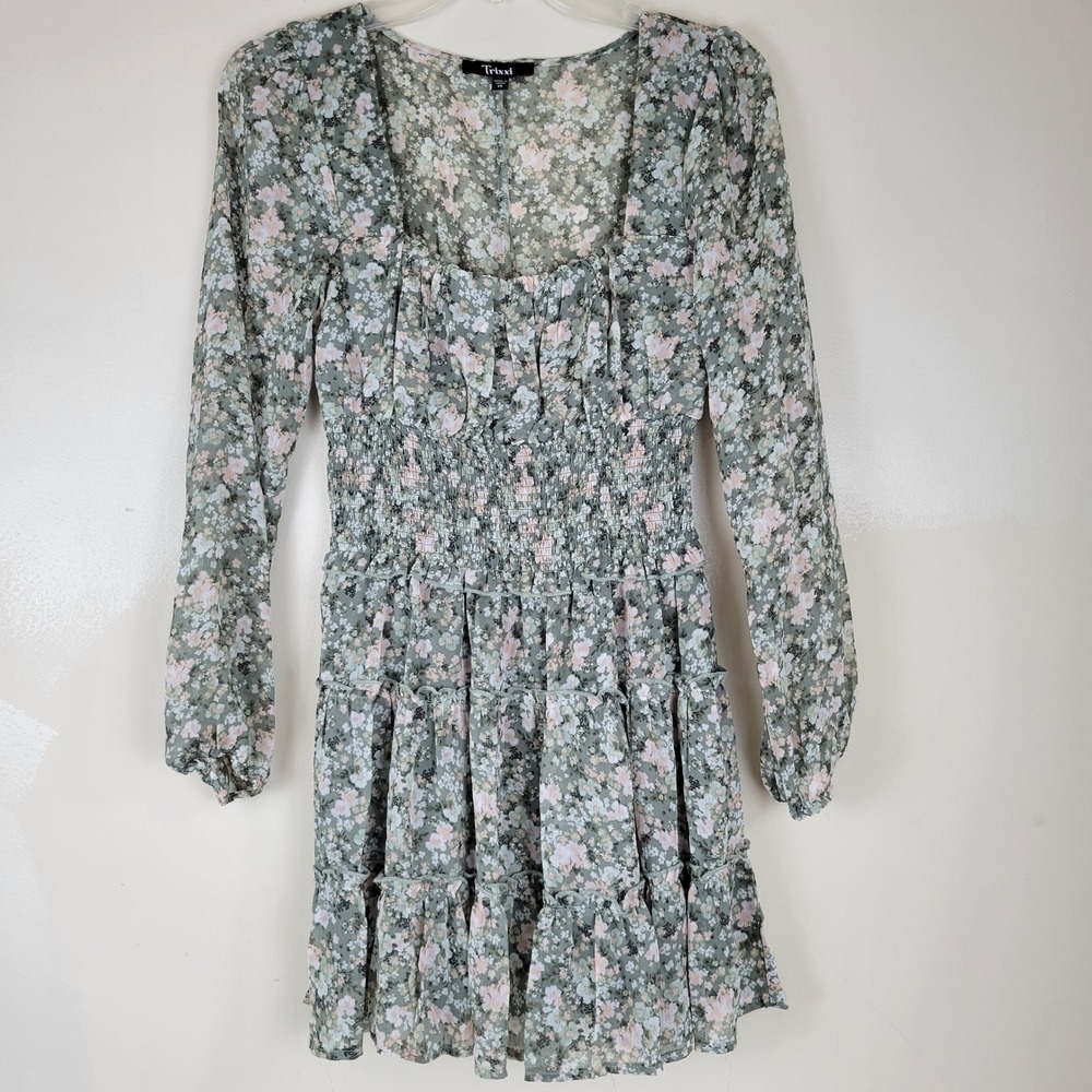 Trixxi Womens Sage Green Floral Smocked Tiered Mini Dress XS Long Sleeve Boho